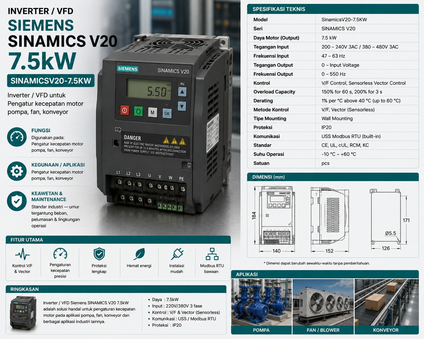Inverter/VFD Siemens Sinamics V20 7.5kW