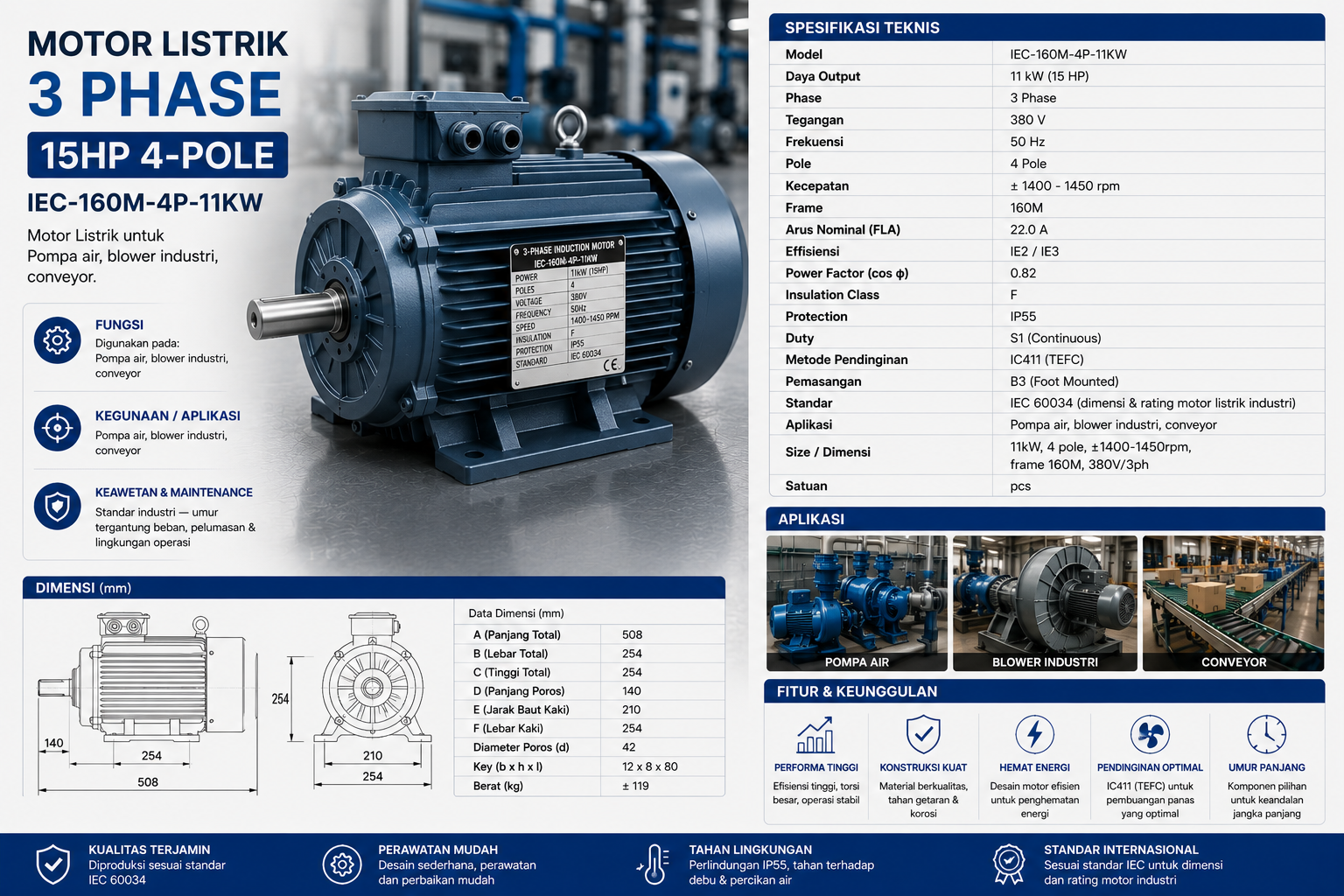 Motor Listrik 3 Phase 15HP 4-Pole