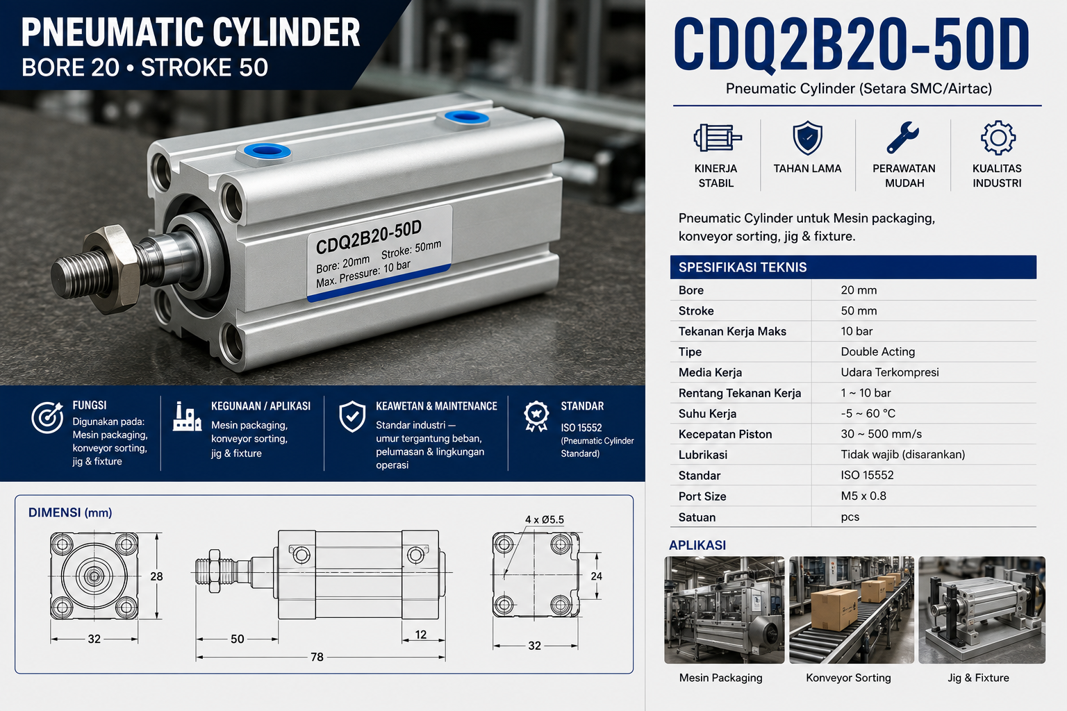 Pneumatic Cylinder Bore20 Stroke50