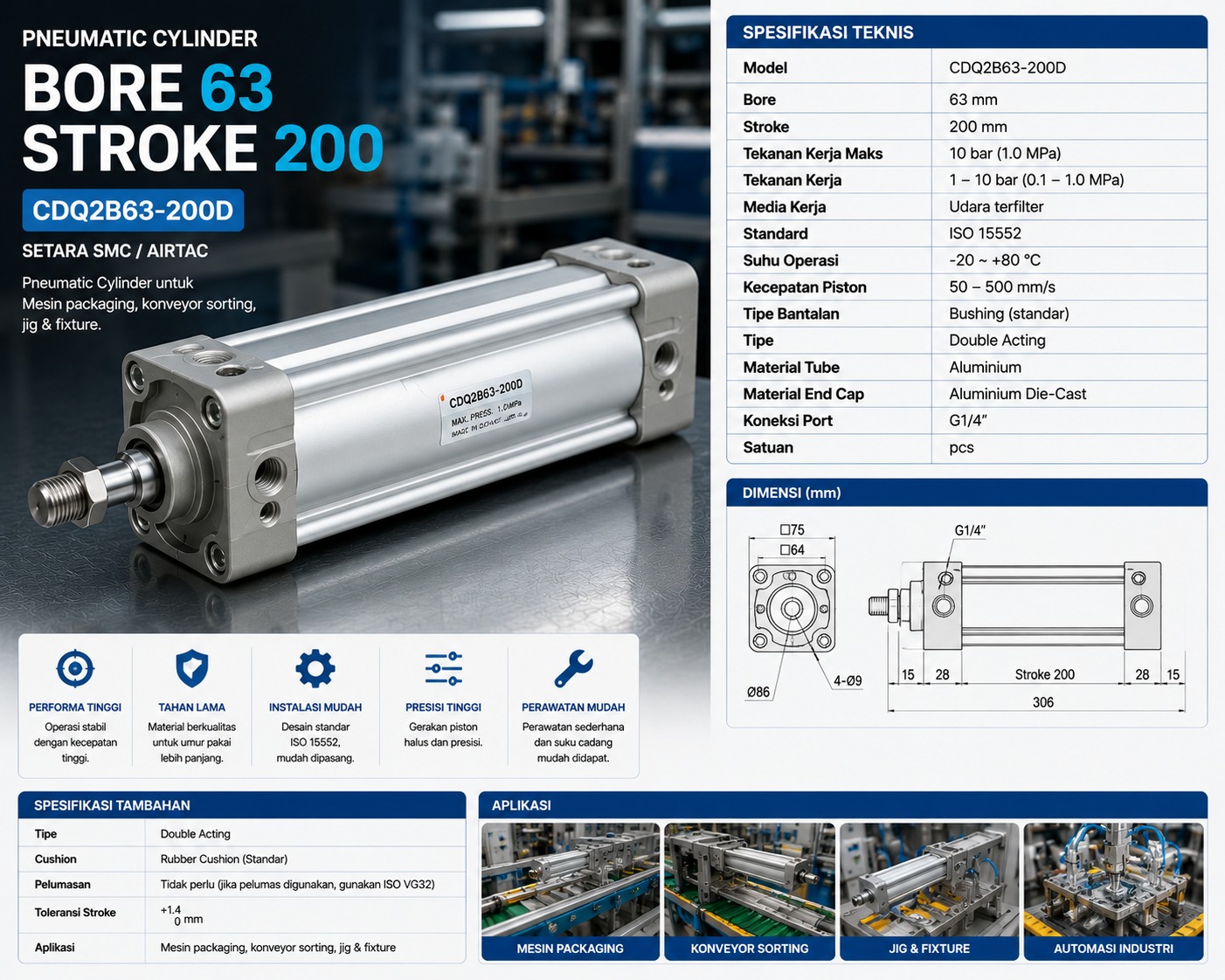 Pneumatic Cylinder Bore63 Stroke200