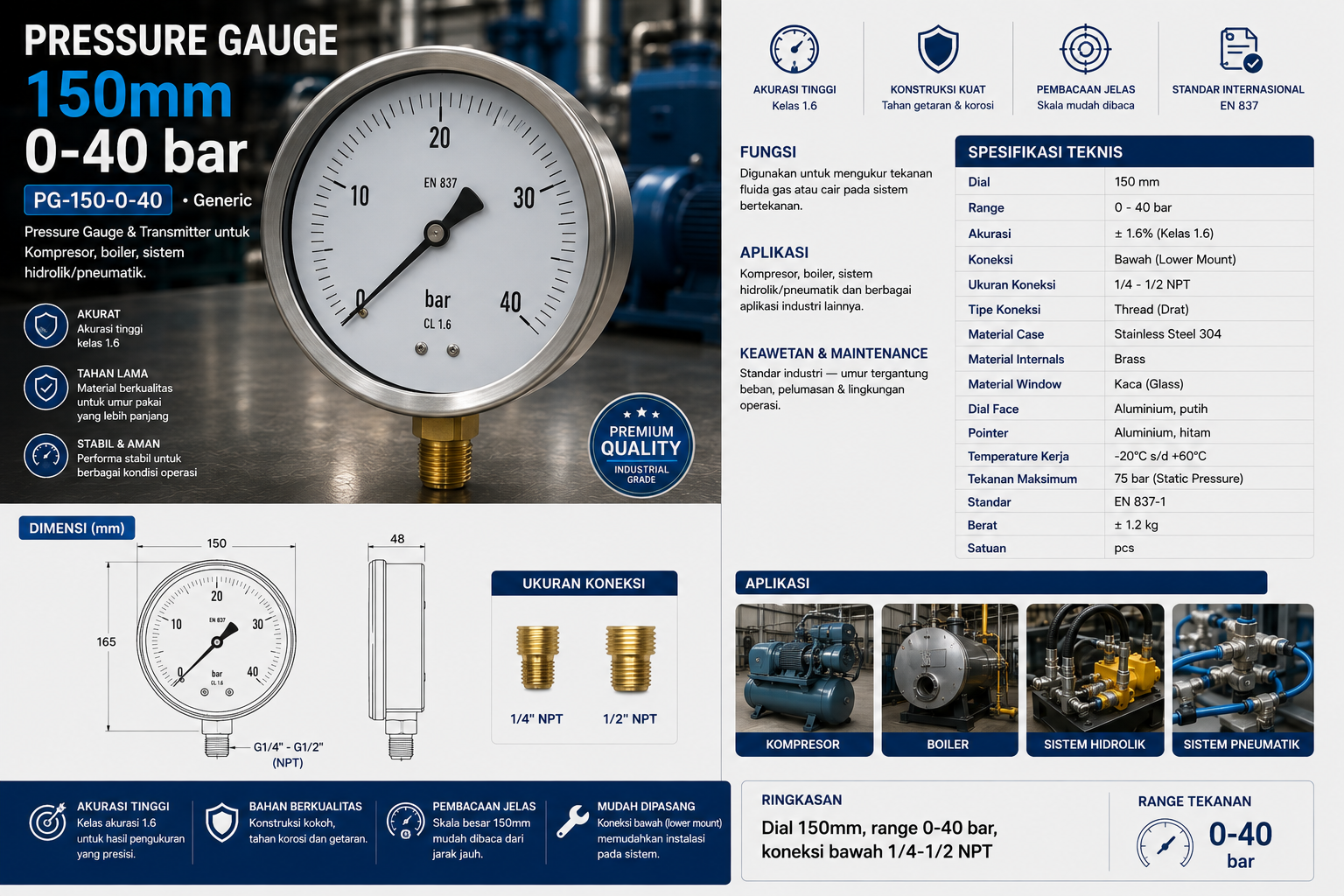 Pressure Gauge 150mm 0-40bar